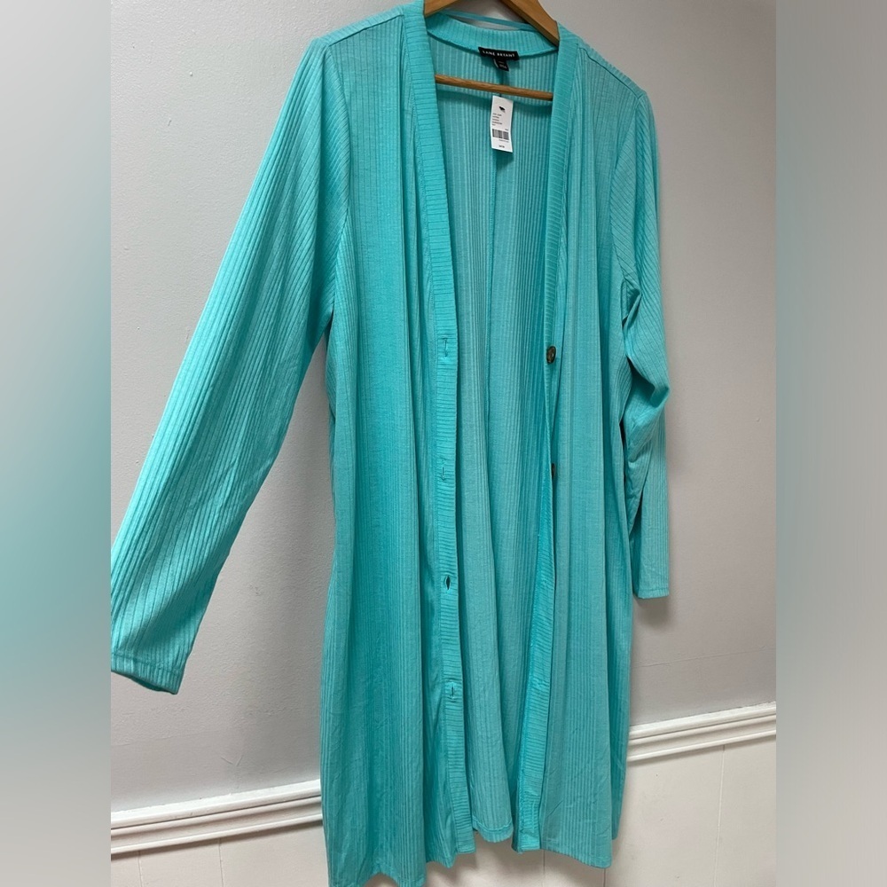 Lane Bryant Womens Long Cardigan Duster Overpiece Turquoise Ribbed Plus Sz 14/16 - Picture 6 of 6